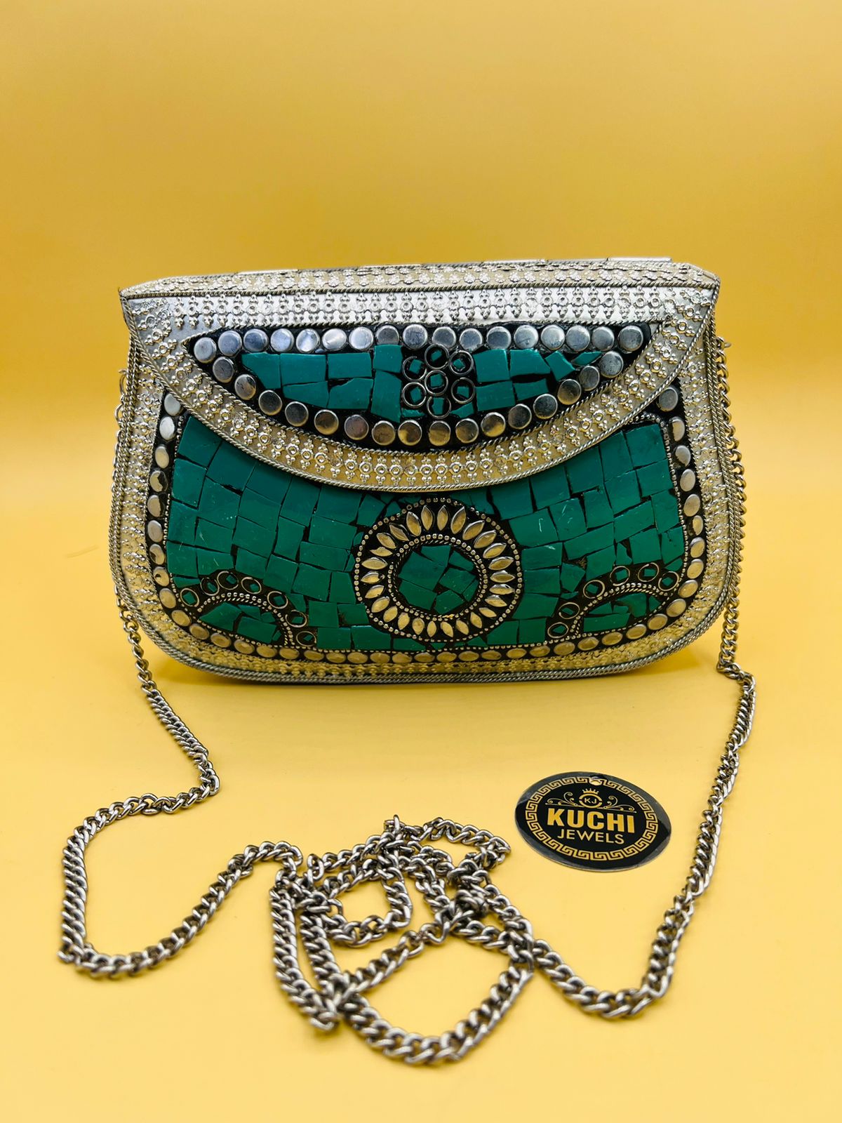 Indian Stylish Silver Metal Bag Green Stone