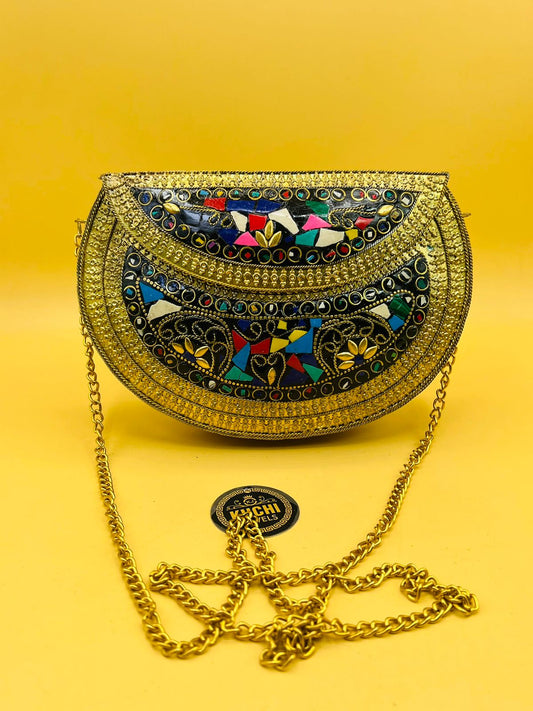 Indian Stylish Silver Metal Bag Multi Stone