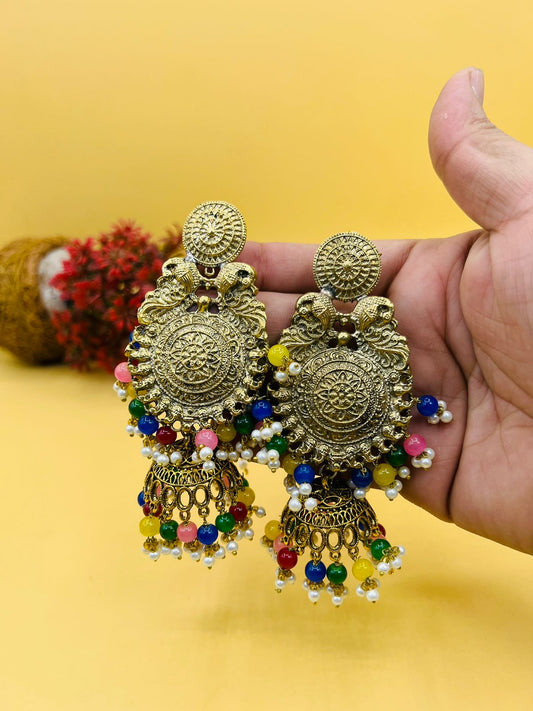 Large Jhumka Multi Beads Golden Earrings
