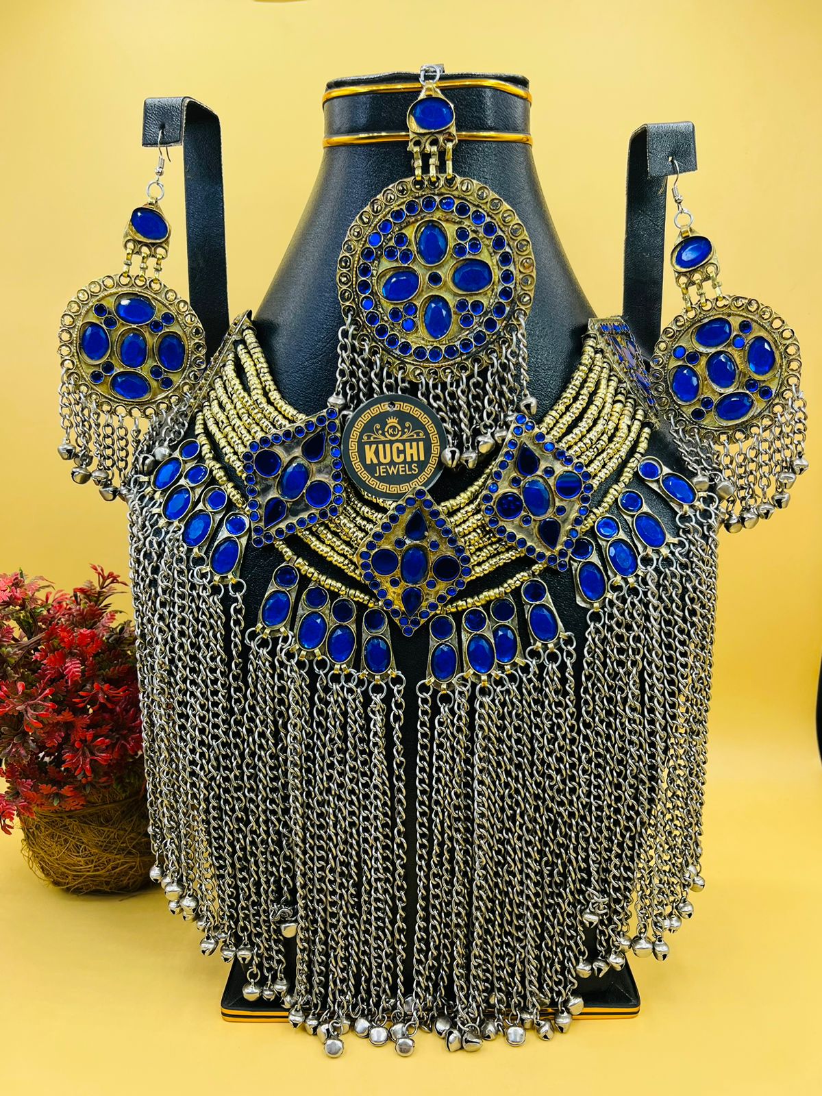 Long Metal Chain Afghani Work Necklace Set