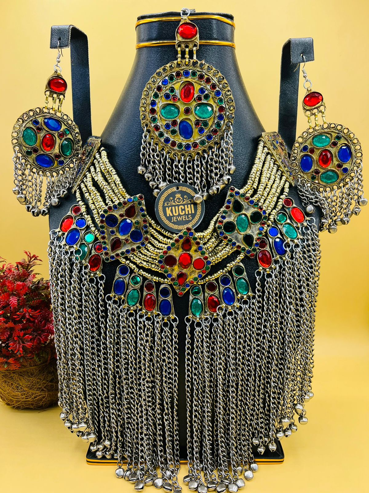 Long Metal Chain Afghani Work Necklace Set