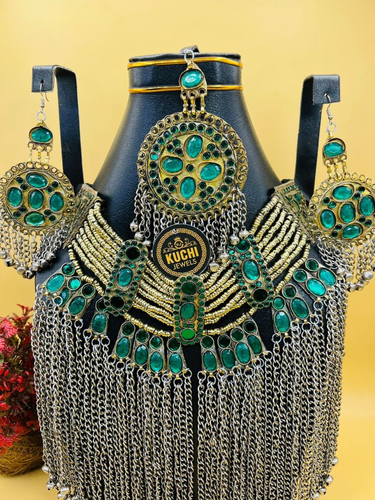 Long Metal Chain Afghani Work Necklace Set