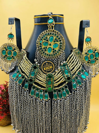 Long Metal Chain Afghani Work Necklace Set