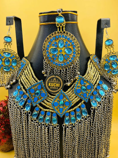 Long Metal Chain Afghani Work Necklace Set