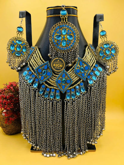 Long Metal Chain Afghani Work Necklace Set