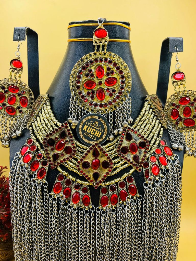 Long Metal Chain Afghani Work Necklace Set