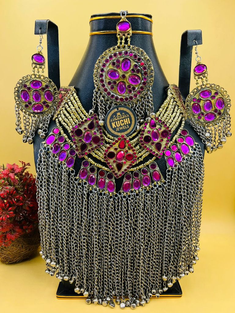 Long Metal Chain Afghani Work Necklace Set