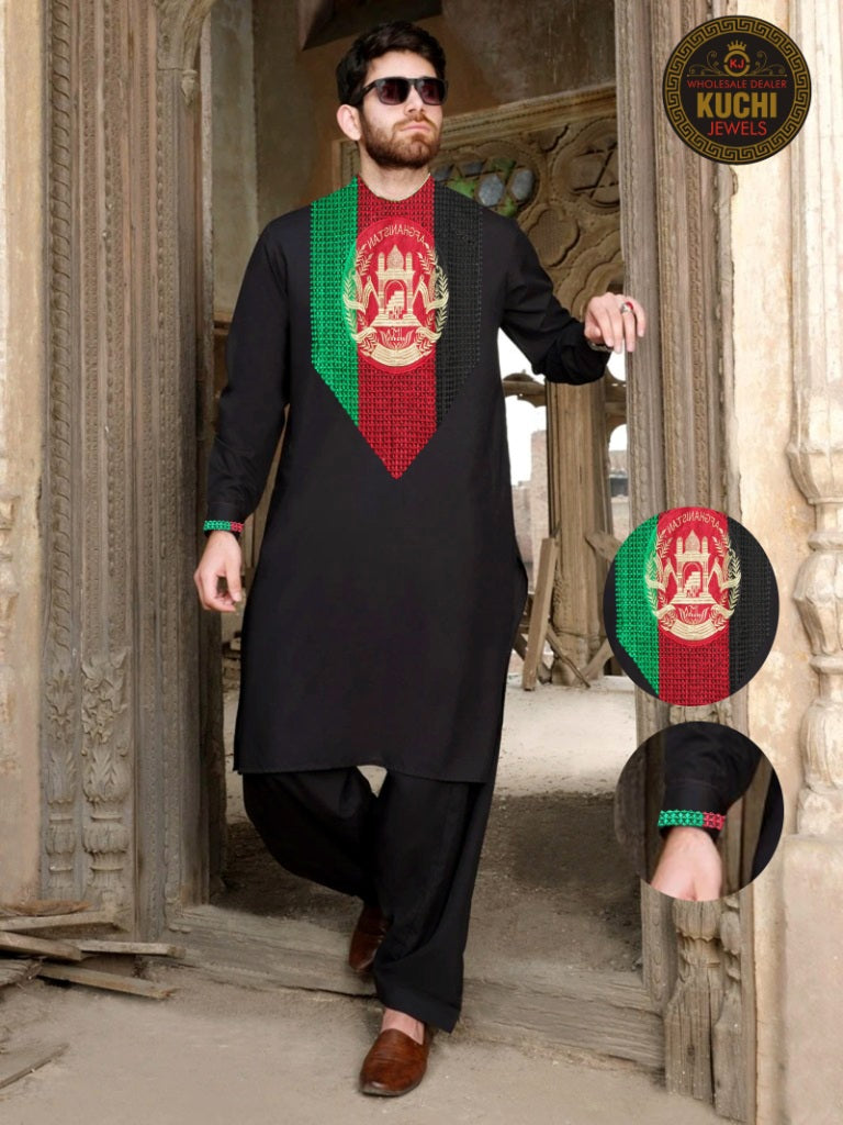 Men’s Afghanistan Flag Embroidered Stitched Dress Peran Tumban