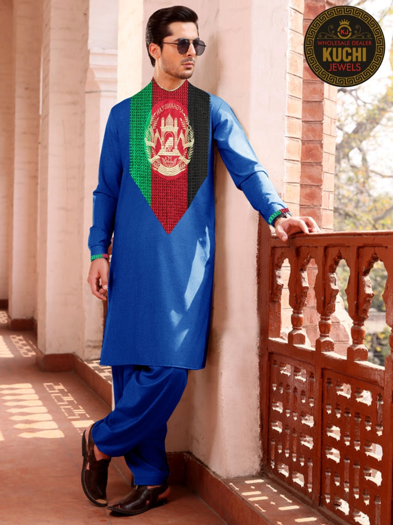 Men’s Afghanistan Flag Embroidered Blue Stitched Dress Peran Tumban