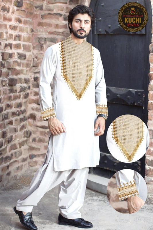 Men’s Afghan Trending White Embroidered Stitched Dress Peran Tumban