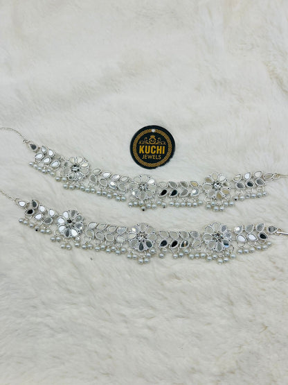 Mirror Work Silver Anklet Pair