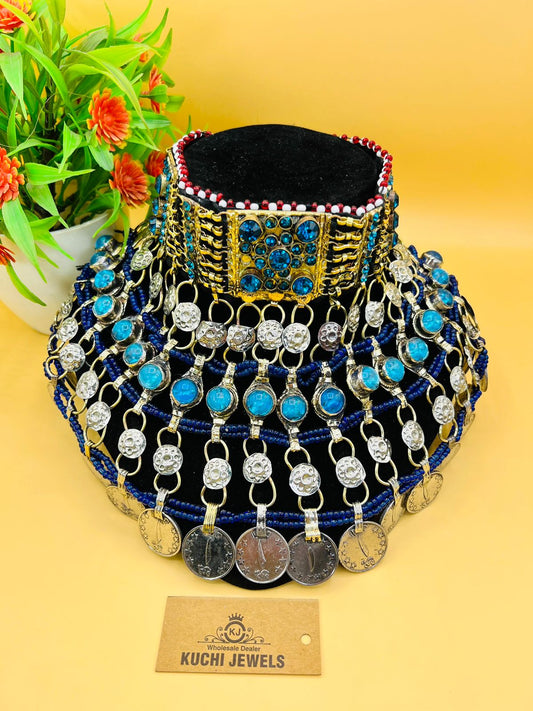 Multi Crystal Stone And Antique Coins Afghan Choker