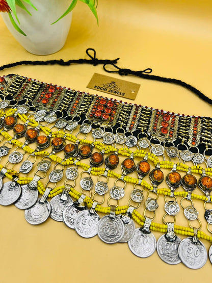 Multi Crystal Stone And Antique Coins Afghan Choker