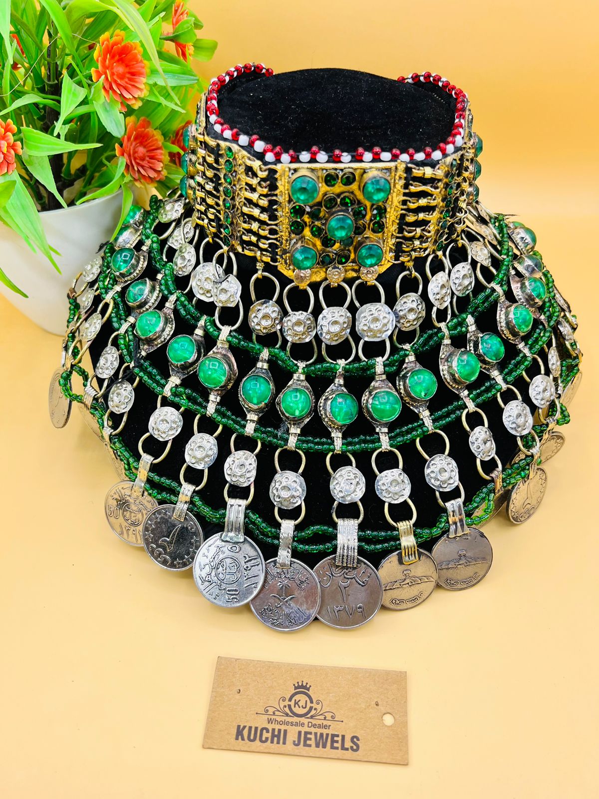 Multi Crystal Stone And Antique Coins Afghan Choker