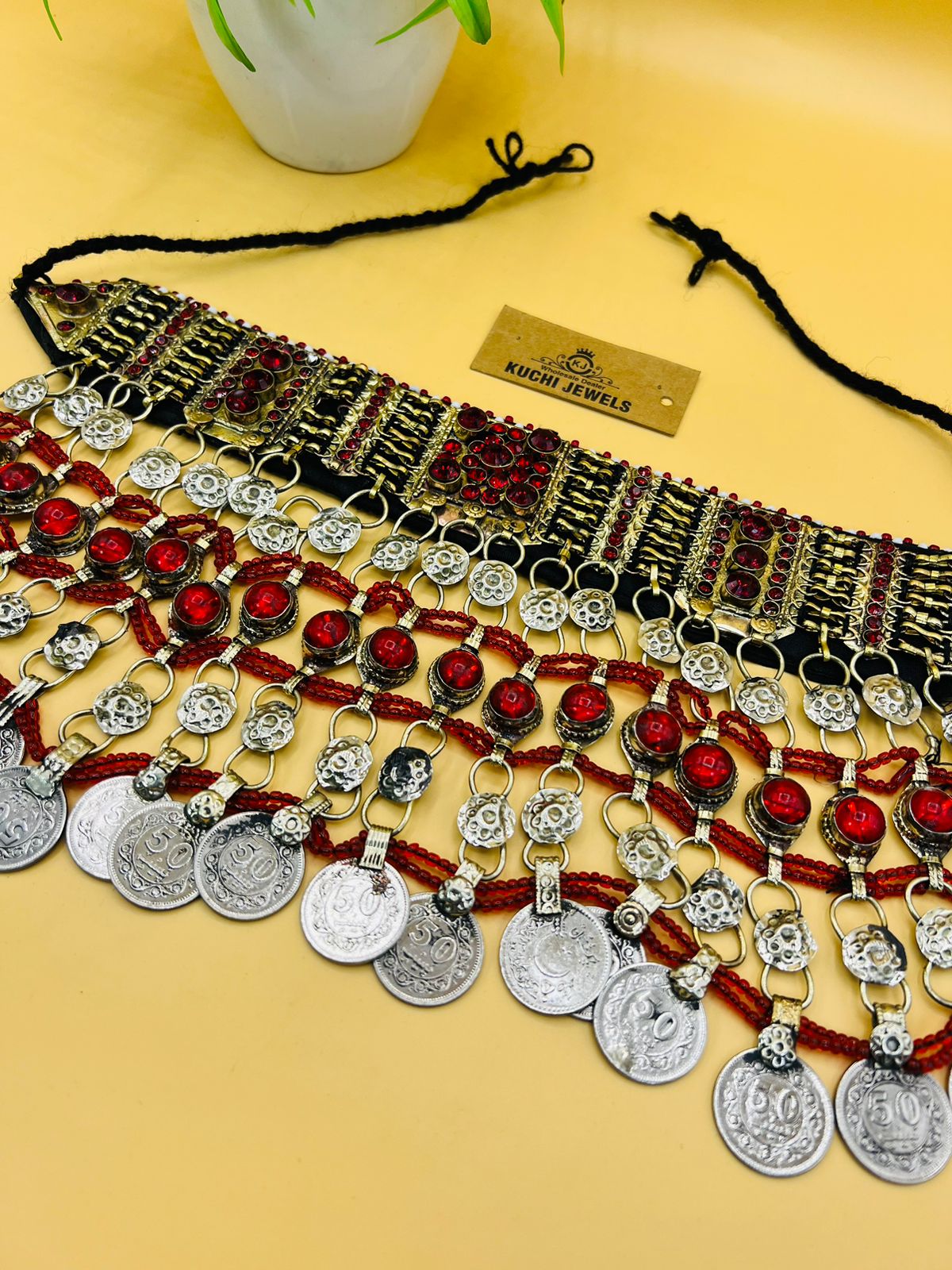 Multi Crystal Stone And Antique Coins Afghan Choker