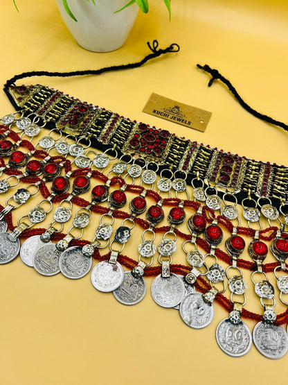 Multi Crystal Stone And Antique Coins Afghan Choker
