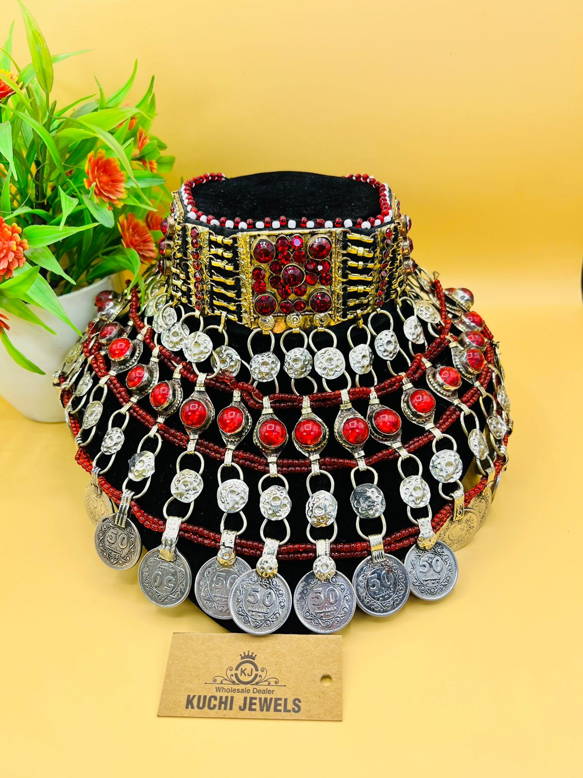 Multi Crystal Stone And Antique Coins Afghan Choker