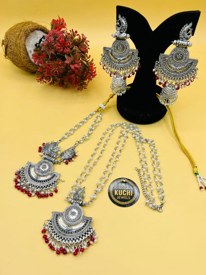 Multi Pearl Silver Metal Double Mala And Earrings  Set