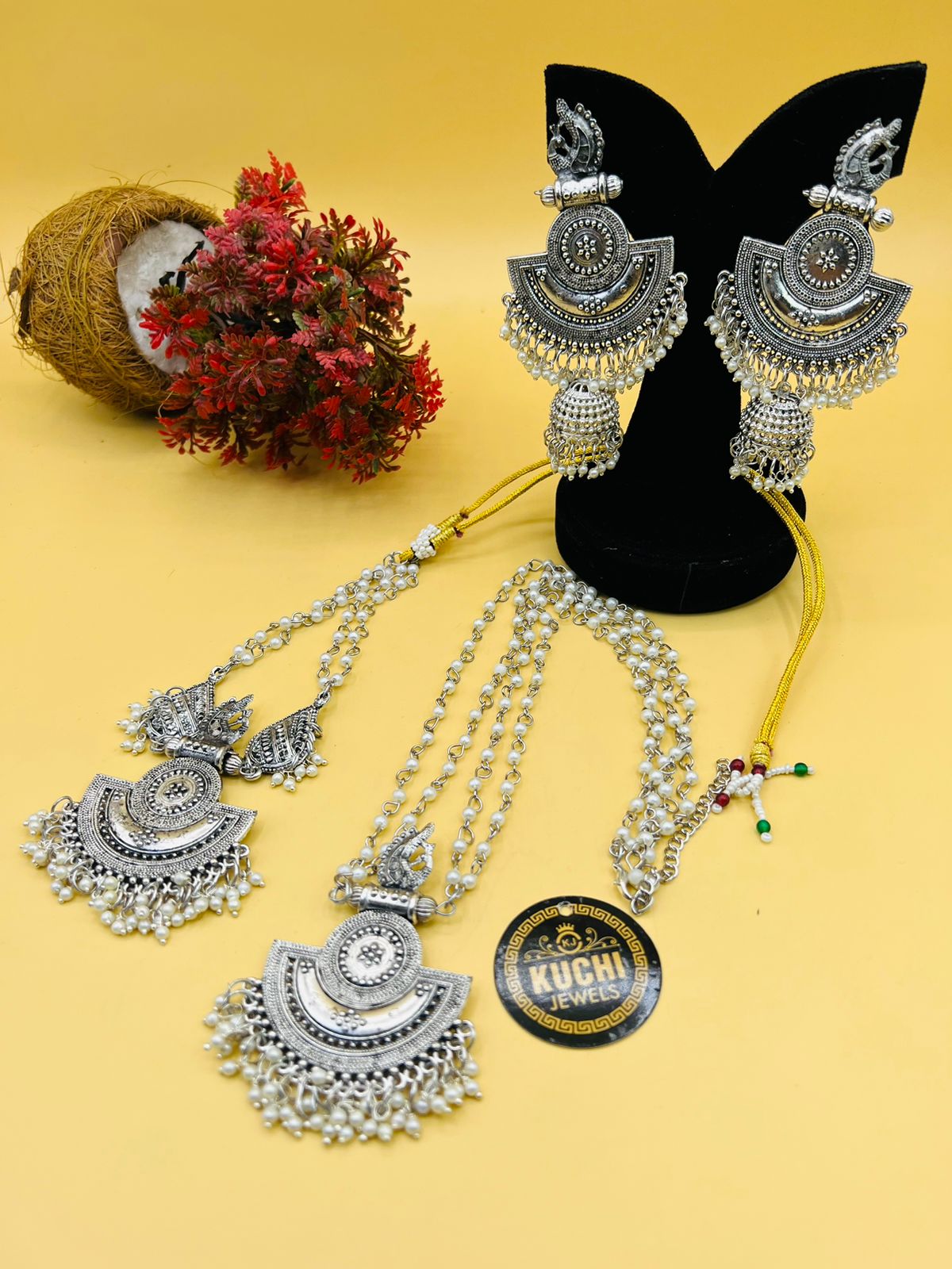 Multi Pearl Silver Metal Double Mala And Earrings  Set