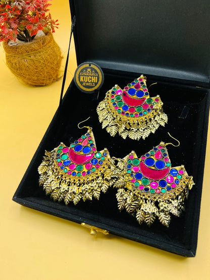 Multi Stone Golden Metal Earrings And Tikka Set