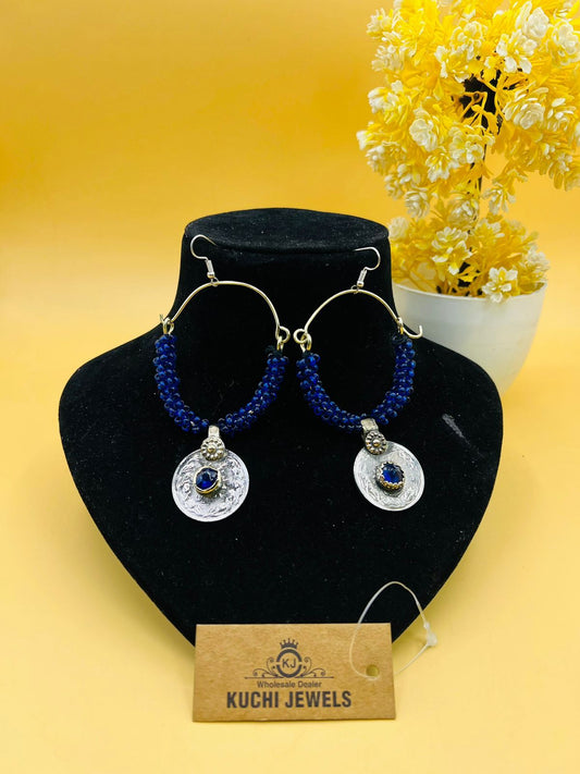 Navy Blue Beads And Coin Earrings