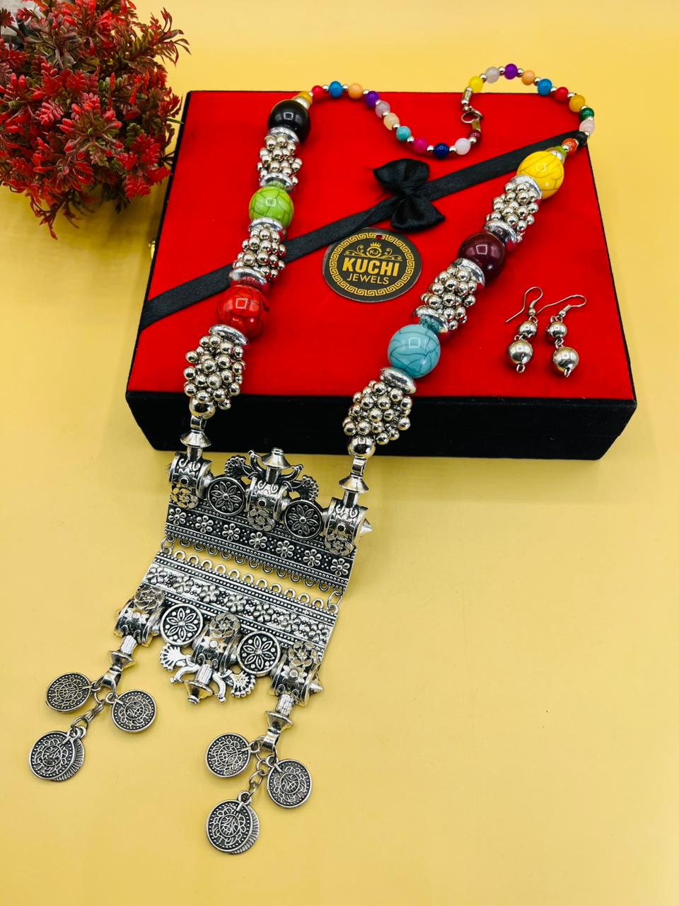 Oxidized Muli Color Coin Style Necklace Set