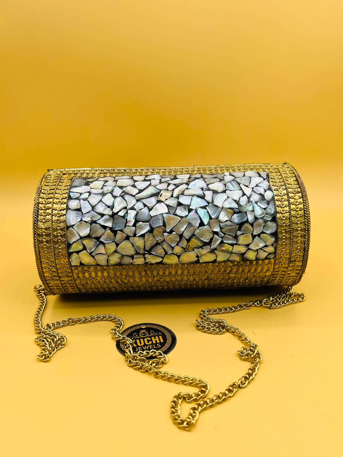 Round Capsule Metal Mosaic Stone Bag