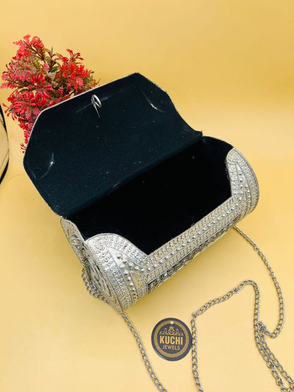 Round Capsule Silver Metal Mosaic Stone Bag