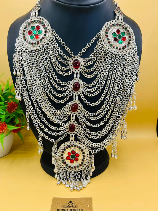 Silver Plated Long Chain Afghan Necklace With Stone