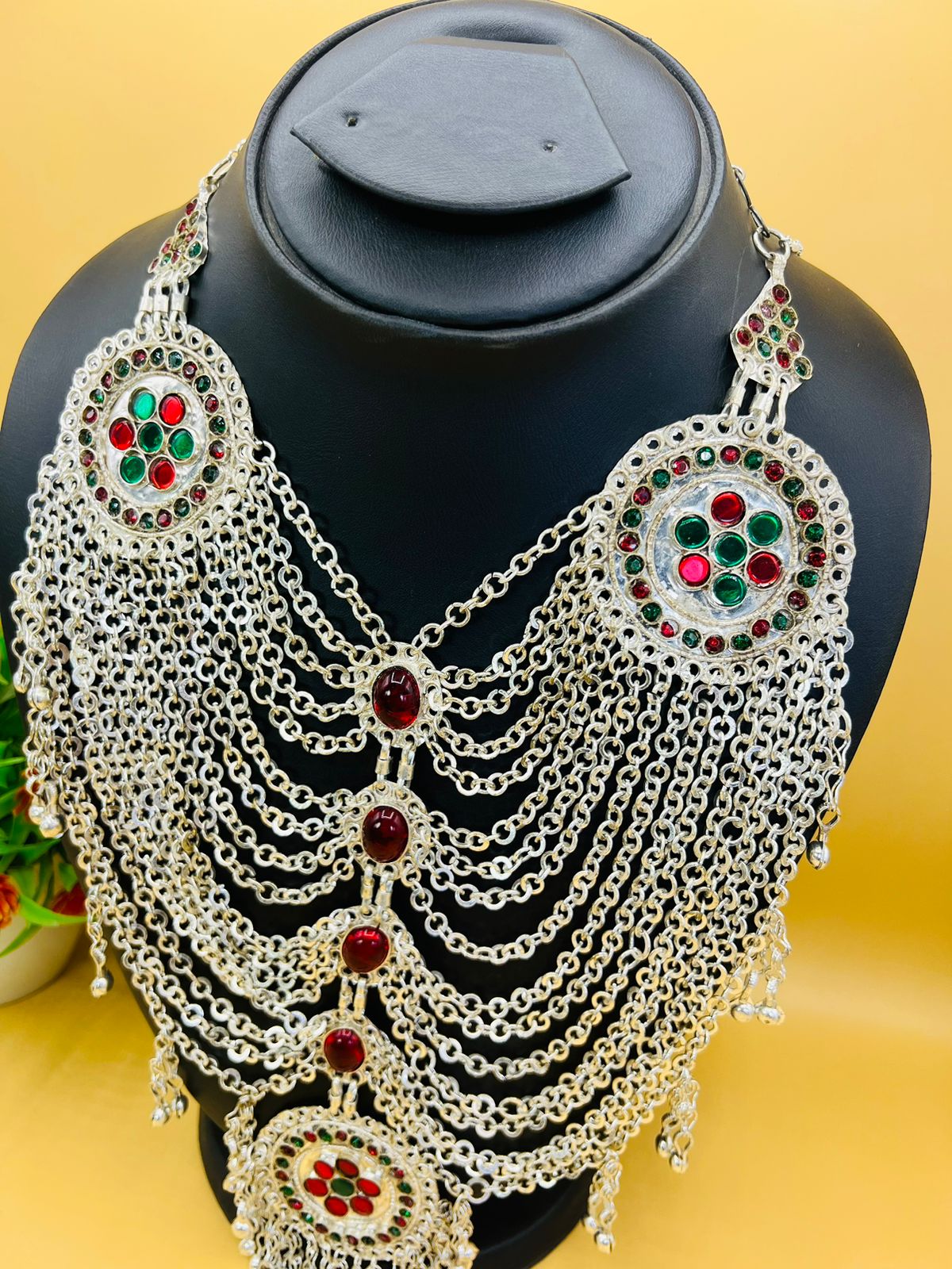 Silver Plated Long Chain Afghan Necklace With Stone