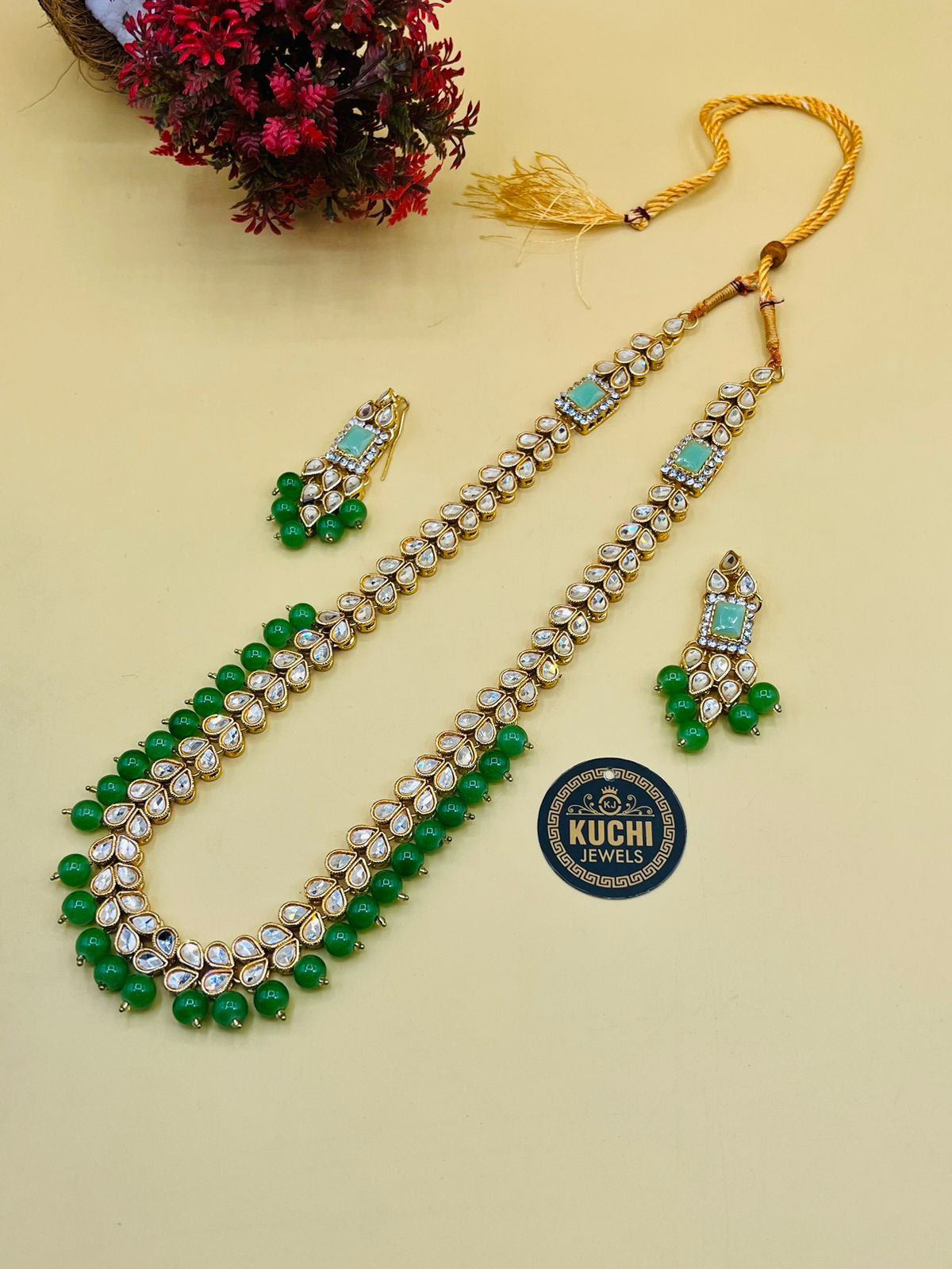 Single Color Long Pearl Mala With Earrings