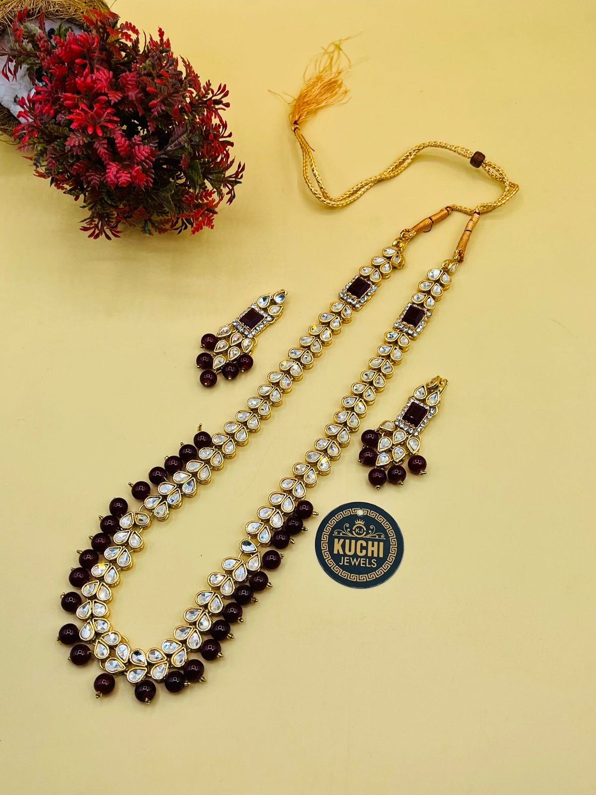 Single Color Long Pearl Mala With Earrings