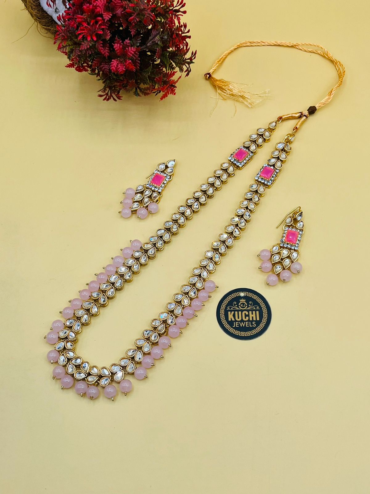 Single Color Long Pearl Mala With Earrings