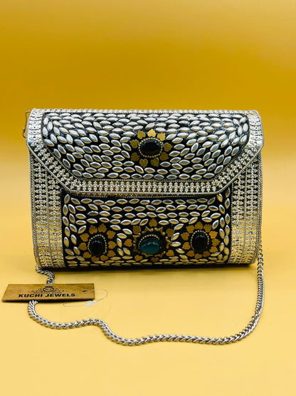 Traditional Metal Stone Work Box Clutch With Sling Chain