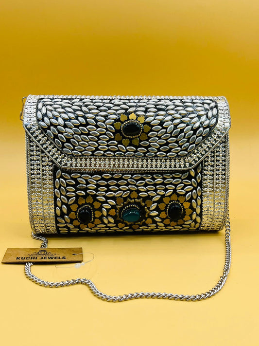 Traditional Metal Stone Work Box Clutch With Sling Chain