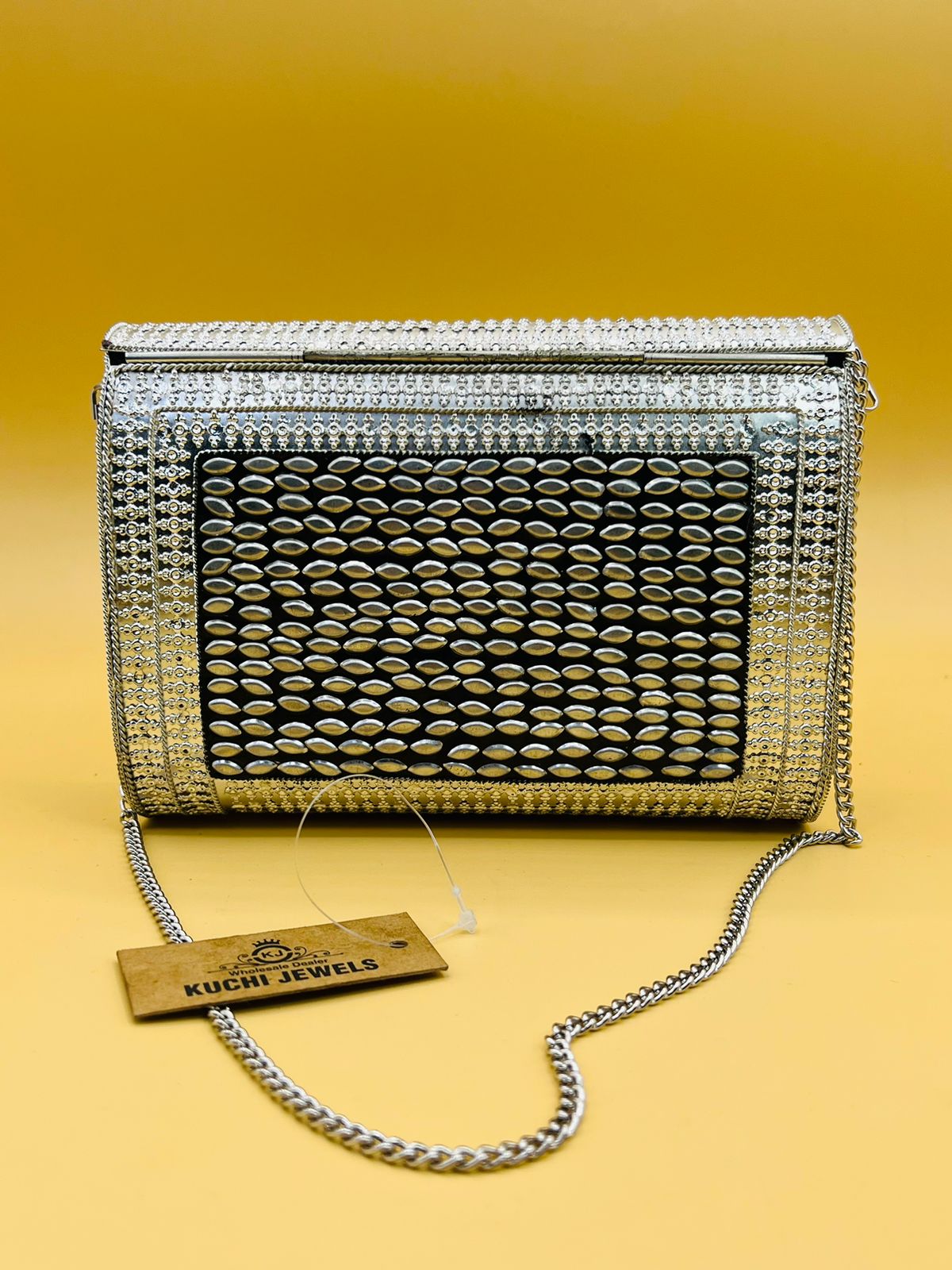 Traditional Metal Stone Work Box Clutch With Sling Chain