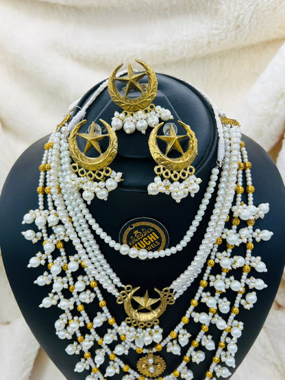 Three Pearl Mala Set With Gold Pearl Earring