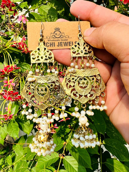 Traditional Design White Beads Gold Earrings