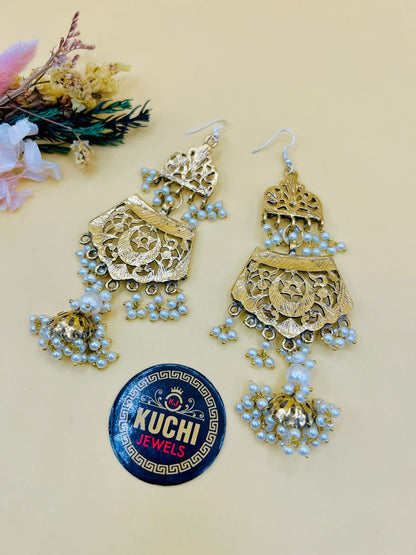 Traditional Design White Beads Gold Earrings