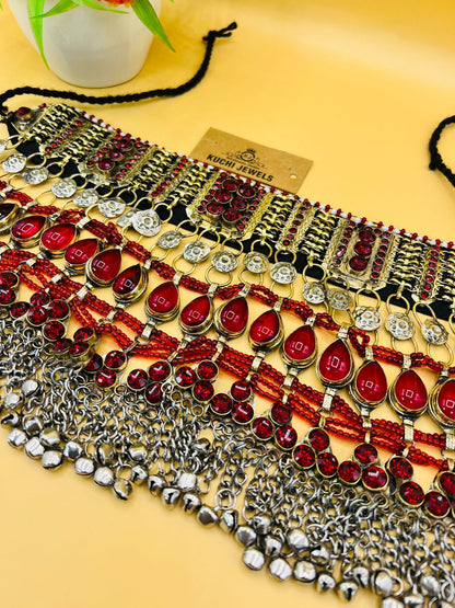 Unique Crystal Red Stone And Long Bells Kuchi Choker