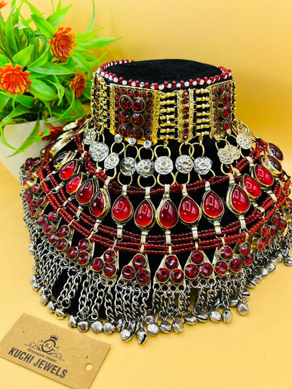 Unique Crystal Red Stone And Long Bells Kuchi Choker