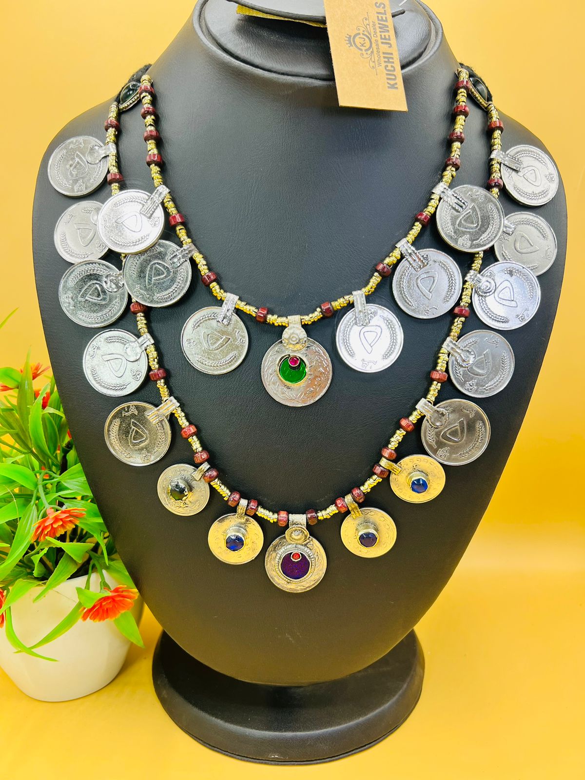 Vintage Coins With Crystal Stone Ethnic Necklace