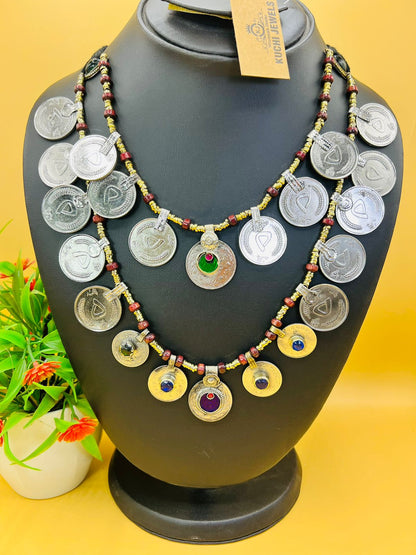 Vintage Coins With Crystal Stone Ethnic Necklace