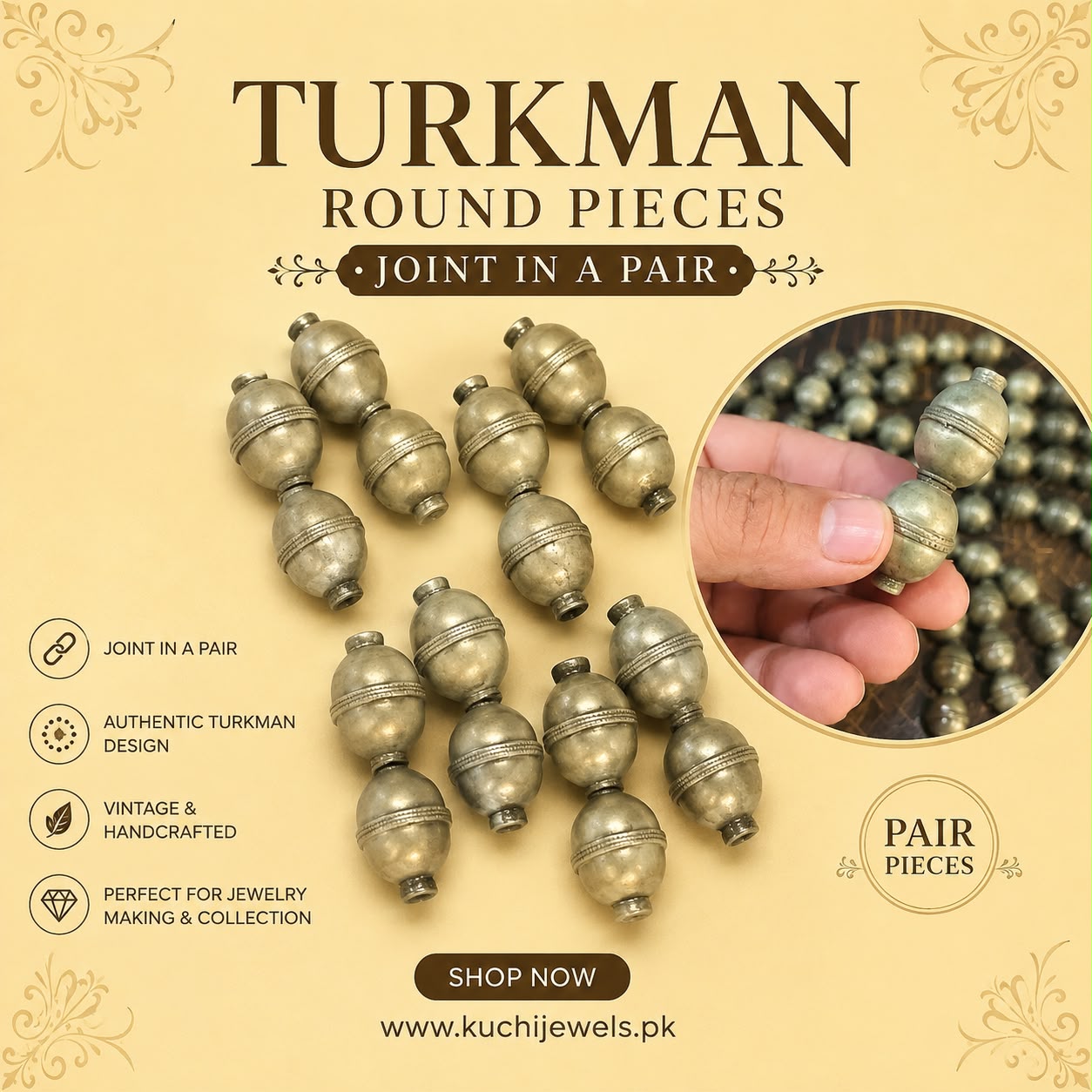 Vintage Silver Metal Turkman Pendant Joint in Pair