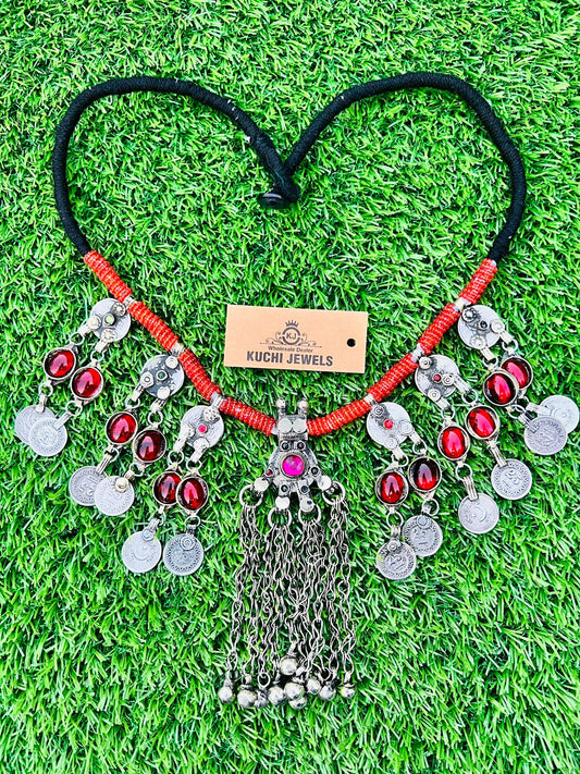 Antique Long Bells Pendant Necklace With Synthetic Stone Multi Pendants