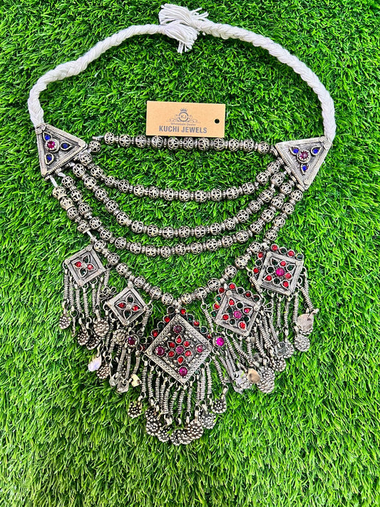 German Silver Turkman Beads With Multi Pendants Antique Necklace