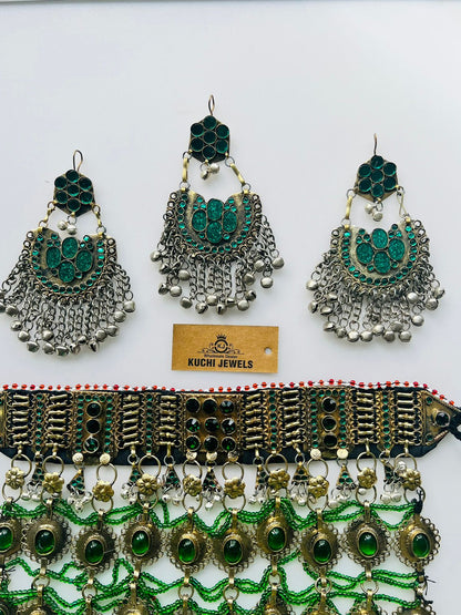 Three Stone Layer Long Necklace With Ear Rings And Tikka