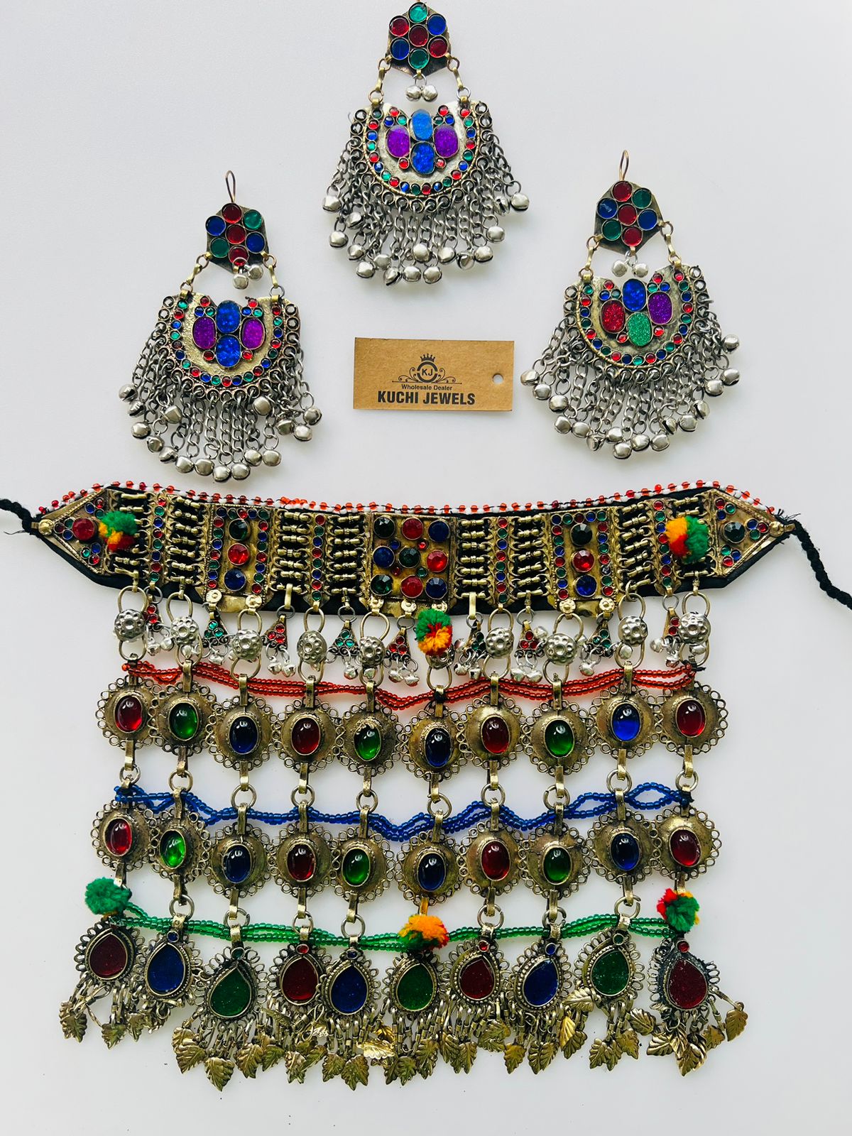 Three Stone Layer Long Necklace With Ear Rings And Tikka