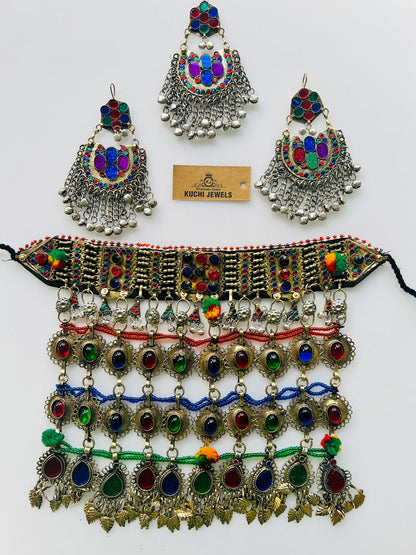 Three Stone Layer Long Necklace With Ear Rings And Tikka