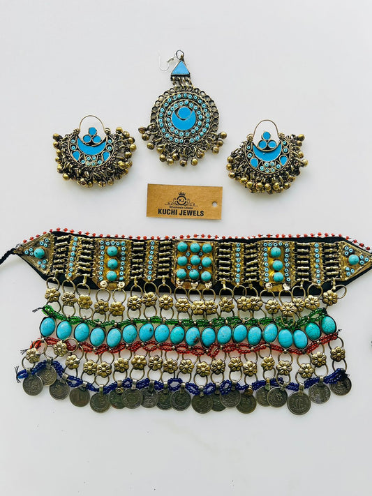 Turquoise Stone And Antique Coins Afghani Choker Set